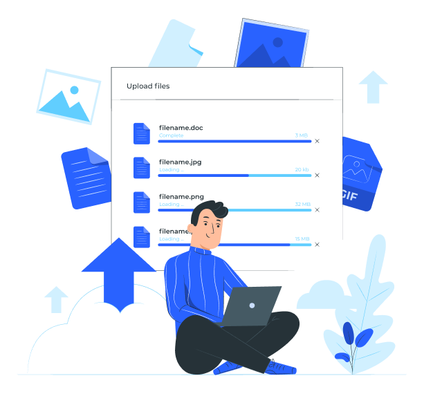 A person with a laptop overseeing smooth file upload, progress bars show completion for various formats.