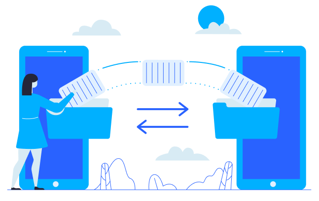 Illustration User overseeing smooth data sync between two mobile devices.